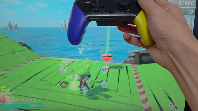 P2へ割り当てたRボタンでゲーム内のガジェットを操作するGIF